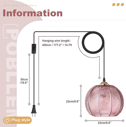 Hanging Lamp Pink Glass Pendant Light Plug in Chandelier with 14.76Ft Long Cord Boho Hanging Light Fixture Mid Century Modern Swag Lamp for Bedroom Girls Room Nursery Living Room