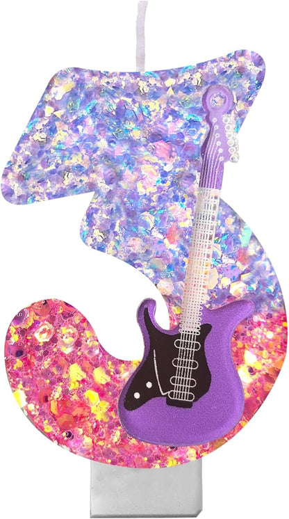 K-Pop Birthday Candle – Purple & Pink Glitter Music Theme Cake Candle with Guitar, Musical Party Decor for Girls, Teens, Kpop Fans (3)
