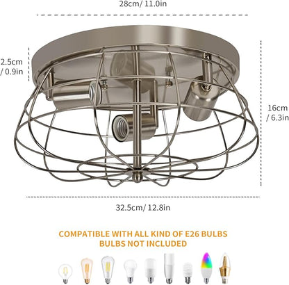 Flush Mount Ceiling Light Brushed Nickel Ceiling Light Fixture 3-Light Modern Flush Mount Ceiling Light Metal Cage Kitchen Ceiling Light Fixtures for Bedroom, Living Room, Hallway Foyer