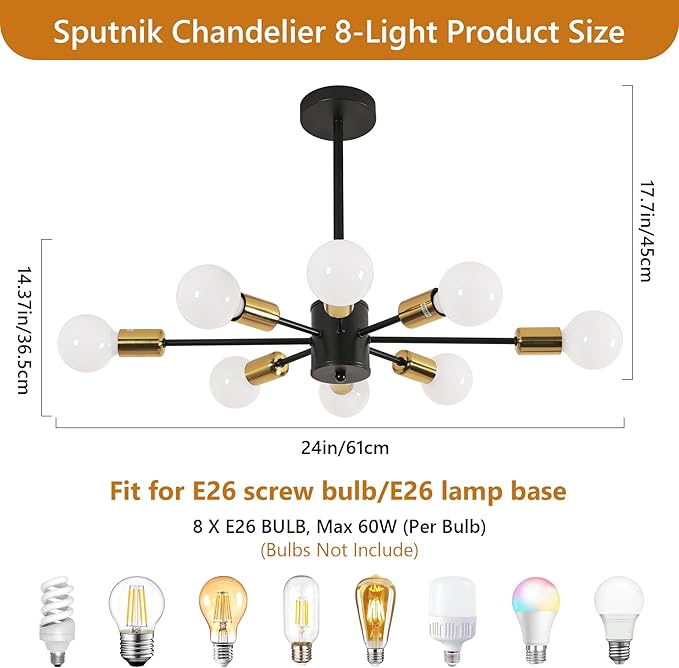 DELIPOP Modern Sputnik Chandelier, 8-Light Industrial Metal Semi Flush Mount Ceiling Light, E26 Base Sputnik Ceiling Light Fixture for Dining Room Bedroom Foyer Hallway Living Room