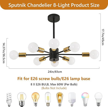 DELIPOP Modern Sputnik Chandelier, 8-Light Industrial Metal Semi Flush Mount Ceiling Light, E26 Base Sputnik Ceiling Light Fixture for Dining Room Bedroom Foyer Hallway Living Room