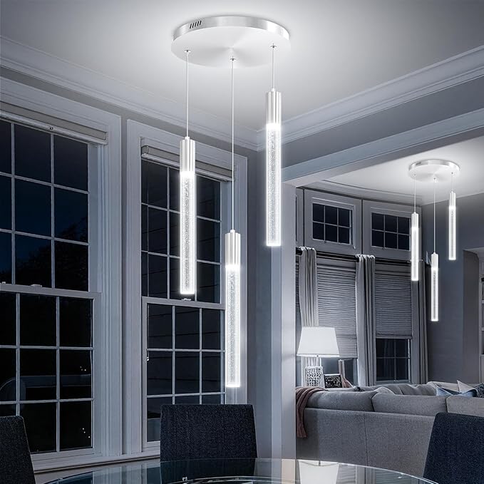 Modern LED Bubble Crystal Chandelier Dimmable Pendant Light Kitchen Island Dining Room Living Room Foyer Corner Hanging Ceiling Fixture Silver 3-Light