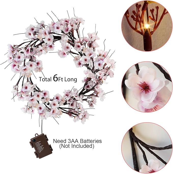Uieke Lighted Cherry Blossom Garland with Timer 48 LED Fairy Lights 6FT for Mantle, Artificial Flower Vines with Lights 8 Modes Battery Operated Home Fireplace Wedding Party Room Decor