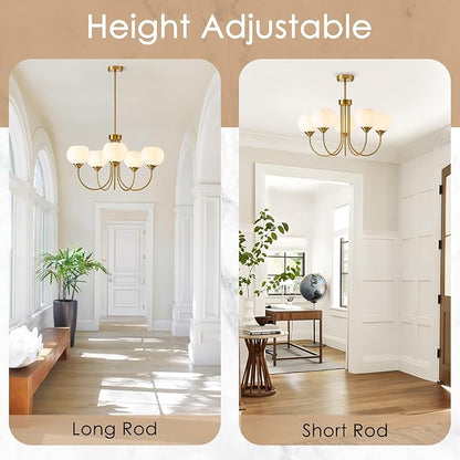 Modern Globe Chandelier 5 Light Mid Century White Milk Glass Vintage Sputnik Hanging Chandeliers Gold Pendant Light Fixtures for Dining Room Kitchen Living Room Bedroom