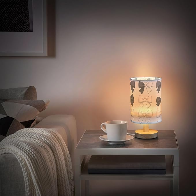 Bedside Table Lamp Black White Bows Nightstand Lamp with Wood Desk Lamps for Bedroom Living Room Nursery Office Home Decor