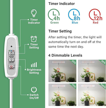 LORDEM Grow Light, Full Spectrum LED Plant Light for Indoor Plants, Height Adjustable Growing Lamp with Auto On/Off Timer 4H/8H/12H, 4 Dimmable Brightness, Ideal for Home Desk Plant Lighting