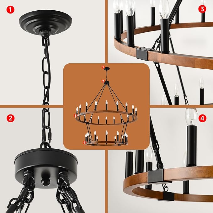 HHR 2 Tier 48'' Solid Wood Wagon Wheel Chandelier, 32-Light High Ceiling Island Lights Fixtures, Rustic Large Chandelier for Farmhouse Dining Room Bedroom Entryway Living Room Café E12