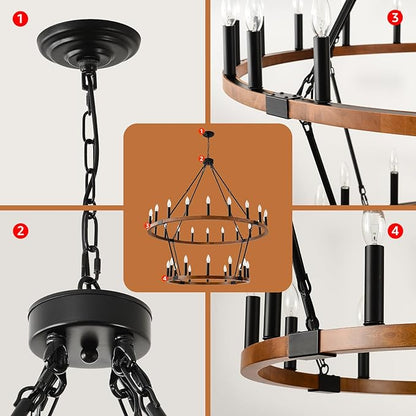 HHR 2 Tier 48'' Solid Wood Wagon Wheel Chandelier, 32-Light High Ceiling Island Lights Fixtures, Rustic Large Chandelier for Farmhouse Dining Room Bedroom Entryway Living Room Café E12