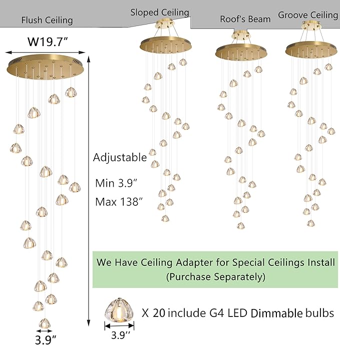HAIXIANG LED Glam Chandelier 138 inches Long Light Luxury Crystal Ceiling Chandeliers Remote Dimmable High Ceiling Pendants Lighting Fixtures Gold 20 Lights