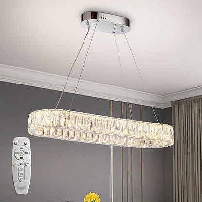 Depuley Crystal Chandeliers for Dining Room: 27.5 Inch Modern Linear Chandelier Contemporary Rectangle Pendant Light Fixture for Kitchen Island Bar Over Table with Remote Control