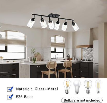 6-Light Track Lighting Kit Black Track Lighting Fixtures Bathroom Wall Sconces Ceiling Mount Kitchen Tracking Lights, Rotatable Spotlight with Clear Glass Shade for Kitchen Shop Hallway