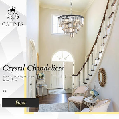 CATINER 24”Modern Black Crystal Chandeliers Ceiling Round Smoke Gray Crystal Chandelier Luxury 4-Tier 12 Lights Pendant Light Fixture Contemporary for Dining Room Foyer Staircase Living Room