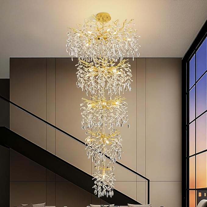 Modern Tree Branch Crystal Chandelier 102" Gold Luxury Large Pendant Lighting 28-Light Contemporary K9 Crystal Chandeliers for Dining Room Kitchen Living Room Foyer Entryway (Gold, H102"-Round)