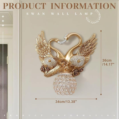 Gold Swan Wall Sconce, Modern Luxury Crystal Wall Lamp, Decorative Wall Lighting for Bedroom Living Room Hallway, Romantic Heart Shaped Wall Mounted Light Fixture, Resin Animal Wall Art Decor