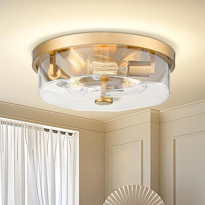 Gold Flush Mount Ceiling Light, 3-Light Hallway Light Fixtures, Modern Farmhouse Farmhouse Ceiling Light Clear Glass Brushed Gold Finish for Kitchen Porch Entryway