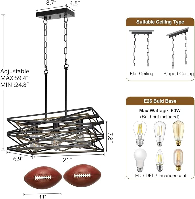Sigaitwei 21''Farmhouse Dining Room Light Fixture,3-Light Kitchen Island Lighting,Industrial Chandelier for Dining Room Over Table Kitchen Bar,Linear Chandelier with Retro Wood Texture Interior