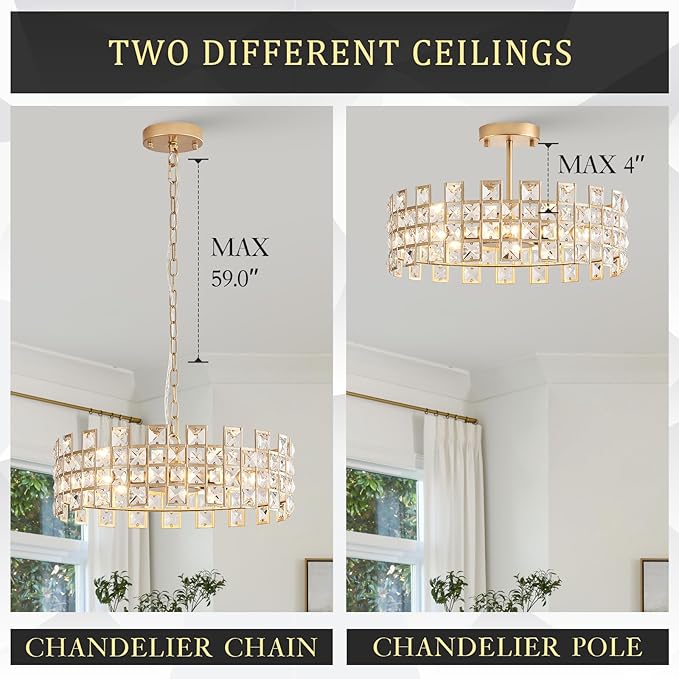 CATINER Gold Crystal Chandelier 18'' Round, Modern 6-Light Semi Flush Mount Ceiling Light, Adjustable Hanging Crystal Pendant Light with G9 Base for Kitchen Island, Dining Room, Bedroom, Entryway