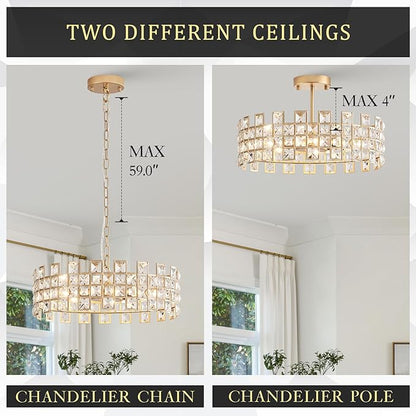 CATINER Gold Crystal Chandelier 18'' Round, Modern 6-Light Semi Flush Mount Ceiling Light, Adjustable Hanging Crystal Pendant Light with G9 Base for Kitchen Island, Dining Room, Bedroom, Entryway