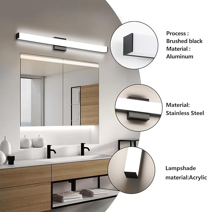 Bathroom Vanity Light Brushed Nickel Square LED 24 inch 14W 4000K Natural White Light Wall Bar Lighting Fixtures Over Mirror (Matte Black, 31.5in 4000K Dimmable)
