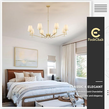 8 Light Brass Gold Chandelier with White Fabric Shade 44'' Linen Dining Room Chandeliers Over Table Kitchen Chandeliers Light Fixture for Living Room Bedroom Entryway Home Office