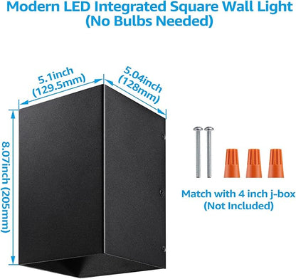LEONLITE LED Square Up Down Wall Lights Outdoor, CRI90+, 120V, ETL Listed Modern Porch Light, Wet Location, 8.07 Inch Indoor Matte Black Wall Sconce, 10W 844LM 3000K Warm White, Pack of 2