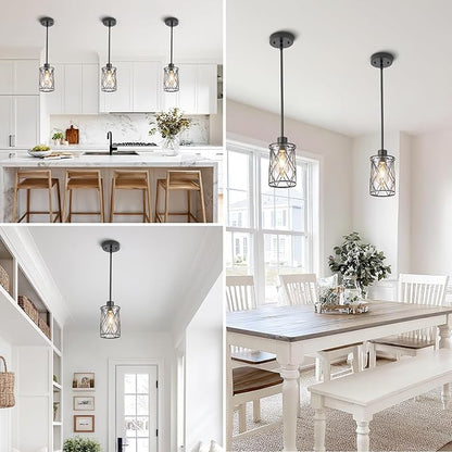 Refice Glass Pendant Lights Kitchen Island, Black Kitchen Hanging Light with Clear Glass, Farmhouse Cage Mini Pendant Lighting for Sink Dining Room Bedroom Bar, 2 Pack