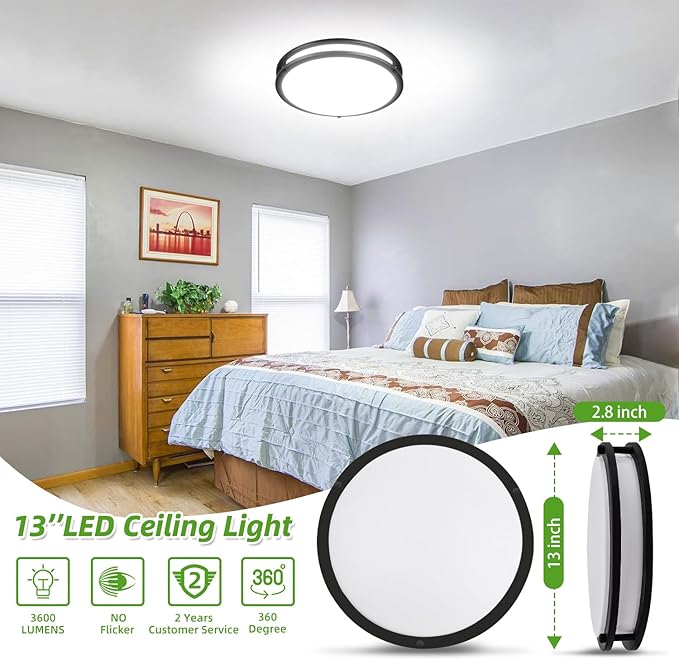 Hlite 36W 13inch LED Flush Mount Ceiling Light, 3600LM Super Bright, 5000K Daylight White, Oil Rubbed Bronze Low Profile Ceiling Light Fixture for Bedroom Kitchen Bathroom Hallway