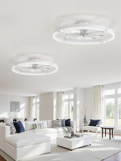 LEDIARY 2 Pack Ceiling Fans with Lights and Remote, 24'' Low Profile Ceiling Fan with Light, 3000-6000K Dimmable Fandelier LED Fan Light, 6 Wind Speeds, White Flush Mount Ceiling Fan for Bedroom