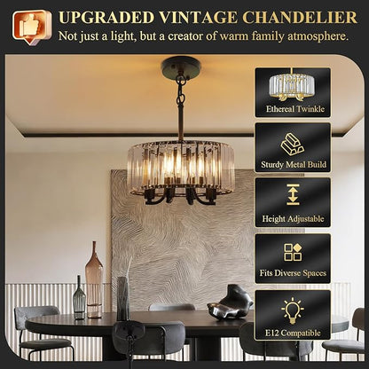 Black Crystal Chandelier, 4-Light Small Modern Semi Flush Mount Ceiling Chandelier Light Fixtures,Round Hanging Lighting Fixture for Bedroom Living Room Kitchen Hallway Entryway, E12 Base, 11.6 Inch