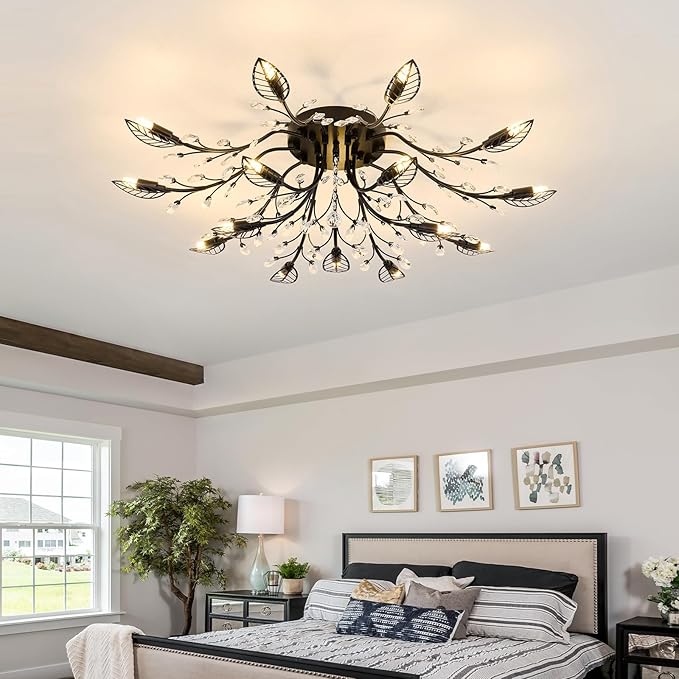 CVKASH 15 Light Vintage Small Crystal Chandelier Modern Branche Semi Flush Mount Ceiling Light Fixture Black Chandelier Lighting for Kitchen Bedroom Living Room Dining Room Hallway Foyer