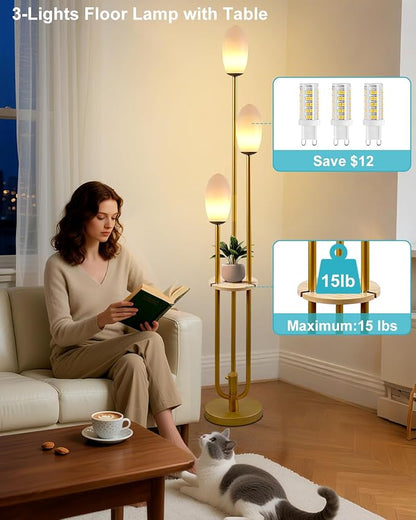 Gold Dimmable Floor Lamp with Table, UniqueTall Standing Lamps with 3000K G9 Bulbs for Reading, Mid Century Modern Floor Lamp with 5Lbs Heavy Base for Living Room Bedroom Office