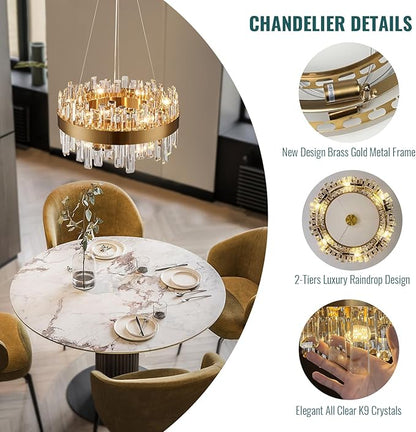 Siljoy Modern Gold Round Crystal Chandelier, 12-Light Luxury 2-Tiers K9 Crystal Raindrop Chandelier, Dimmable Crystal Ceiling Light for Dining Room Living Room Bedroom Foyer D19.7''