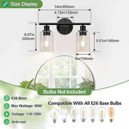 Zarbitta 2-Light Bathroom Light Fixtures, Black Modern Vanity Lights with Clear Glass Shade, Bathroom Wall Lamp for Mirror Kitchen Living Room Hallway Cabinet Porch