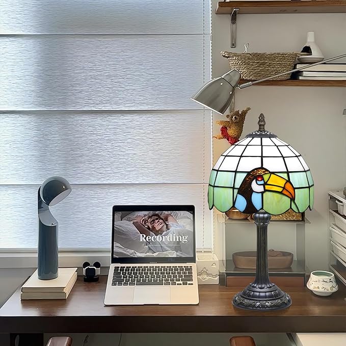 Tiffany Style 8 Inch Big-Billed Bird Stained Glass Table Lamp,Handmade Accent Lamp With Resin Base Retro Night Light For Bedroom, Office Living Room,Restaurant Farmhouse Decor Ambient Lighting