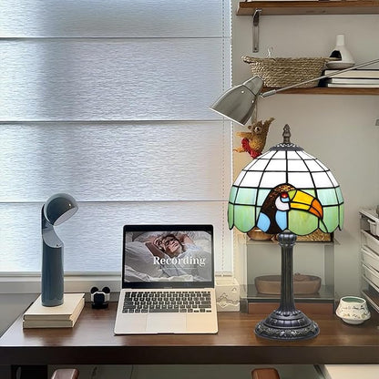 Tiffany Style 8 Inch Big-Billed Bird Stained Glass Table Lamp,Handmade Accent Lamp With Resin Base Retro Night Light For Bedroom, Office Living Room,Restaurant Farmhouse Decor Ambient Lighting