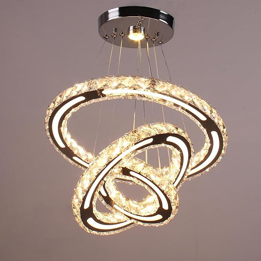 Modern Crystal Chandeliers DIY 3 Rings Dimmable Ceiling Light Fixture LED Pendant Lamp for Kitchen Dining Room Living Room Bedroom 180mm Base 153 Crystals (Dimmable)