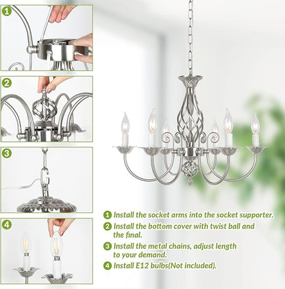 6-Light Farmhouse Candle Chandelier for Living Room, Rustic Industrial Pendant Ceiling Light fixture, Brushed Nickle Modern Ceiling Hanging Lamp for Bedroom Hallway Kitchen Dining Room Foyer, E12 Base
