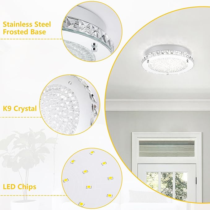 Crystal Ceiling Light 13 Inch Flush Mount Ceiling Light Fixture 4000K Dimmable Chandelier Modern Ceiling Lamp for Bedroom Bathroom Kitchen Island