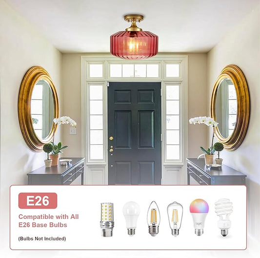 2-Pack Purple Glass Flush Mount Ceiling Lights, Mid-Century Modern Gold Close-to-Ceiling Fixtures, E26 Base for Hallway, Bedroom, Bathroom Vanity, Closet, Laundry Room