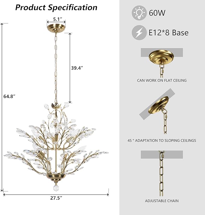 Maxax 27.5" Modern Gold Crystal Chandelier, Tree Branch Pendant Light Fixture, Elegant Ceiling Lighting for Dining Room Living Room Bedroom