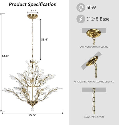 Maxax 27.5" Modern Gold Crystal Chandelier, Tree Branch Pendant Light Fixture, Elegant Ceiling Lighting for Dining Room Living Room Bedroom