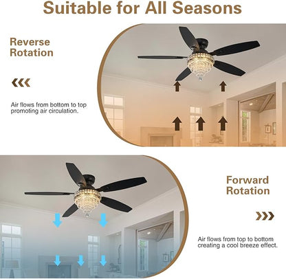 Crystal Ceiling Fan Fandelier with Lights-Ceiling Fans with Lights,54" Low Profile and Remote Control, Flush Mount, Reversible, Dimmable, Noiseless, Black Ceiling Fan for Bedroom