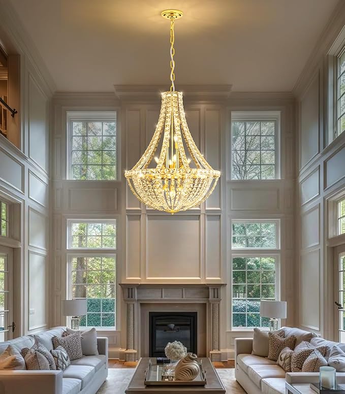 Luxury Large Empire Chandelier High Ceiling Crystal Chandeliers for Foyer Gold Light Fixture for Staircase Living Room E12 Bulbs Required