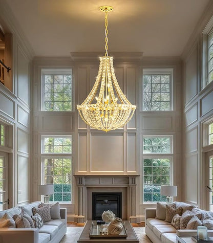 Luxury Large Empire Chandelier High Ceiling Crystal Chandeliers for Foyer Gold Light Fixture for Staircase Living Room E12 Bulbs Required