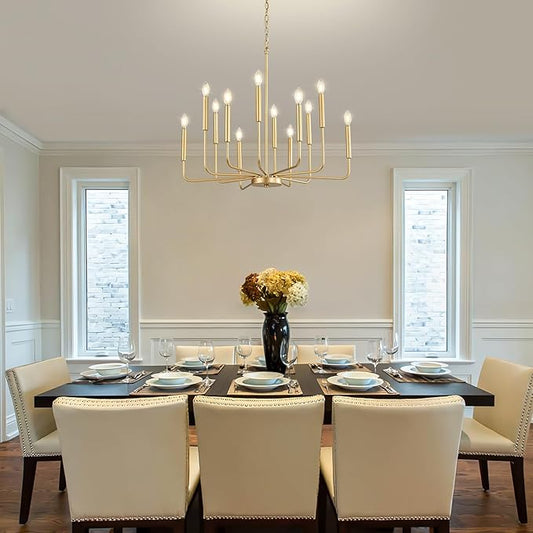 Modern Gold Chandelier for Dining Room,Metal 12-Light Kitchen Light Fixtures, Farmhouse Candle Hanging Pendant Light for Living Room Entryway Foyer Bedroom (Bulbs Not Included)