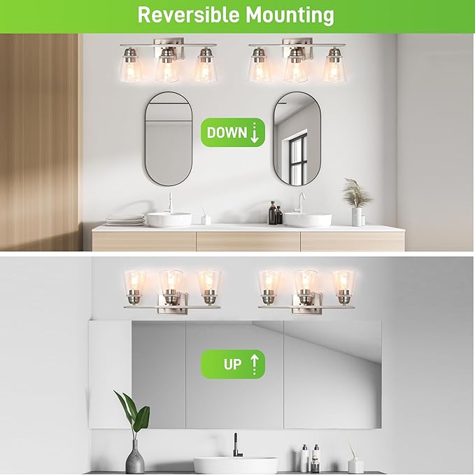hykolity 3-Light Bathroom Vanity Light, 5-Piece All-in-One Bathroom Set, 20 Inch Modern Wall Lamp, Brushed Nickel Wall Sconce with Clear Glass Shade, Wall Lights for Bedroom, Living Room, Mirror