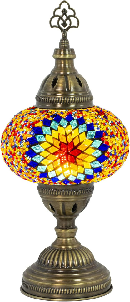 Turkish Mosaic Lamp with Bulb – Handmade Star Fire Stained Glass Table Light, Antique Bohemian Vintage Decor for Bedroom or Living Room, E12 Socket