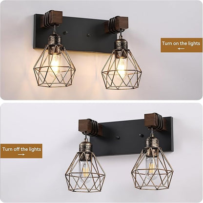 Farmhouse Vanity Light for Bathroom, 2-Light Black Gold Wood Bathroom Vanity Light Fixtures Over Mirror, Rustic Sconces Wall Lighting with Metal Lampshade for Living Room, Bedroom, Hallway