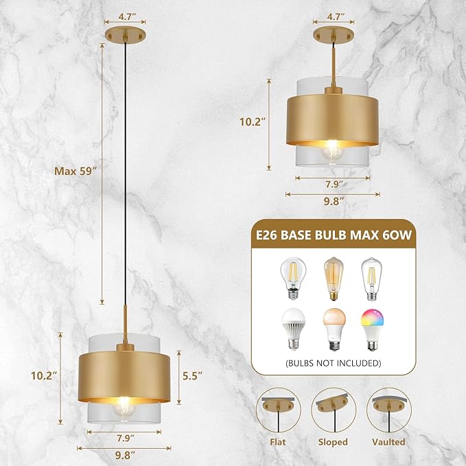 9.8" Modern Pendant Lights Kitchen Island, Hanging Light Fixtures with Durable Metal Shades, Adjustable Pendant Lights for Kitchen Island Bedroom Hallway, 2 Pack