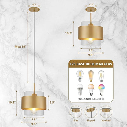9.8" Modern Pendant Lights Kitchen Island, Hanging Light Fixtures with Durable Metal Shades, Adjustable Pendant Lights for Kitchen Island Bedroom Hallway, 2 Pack